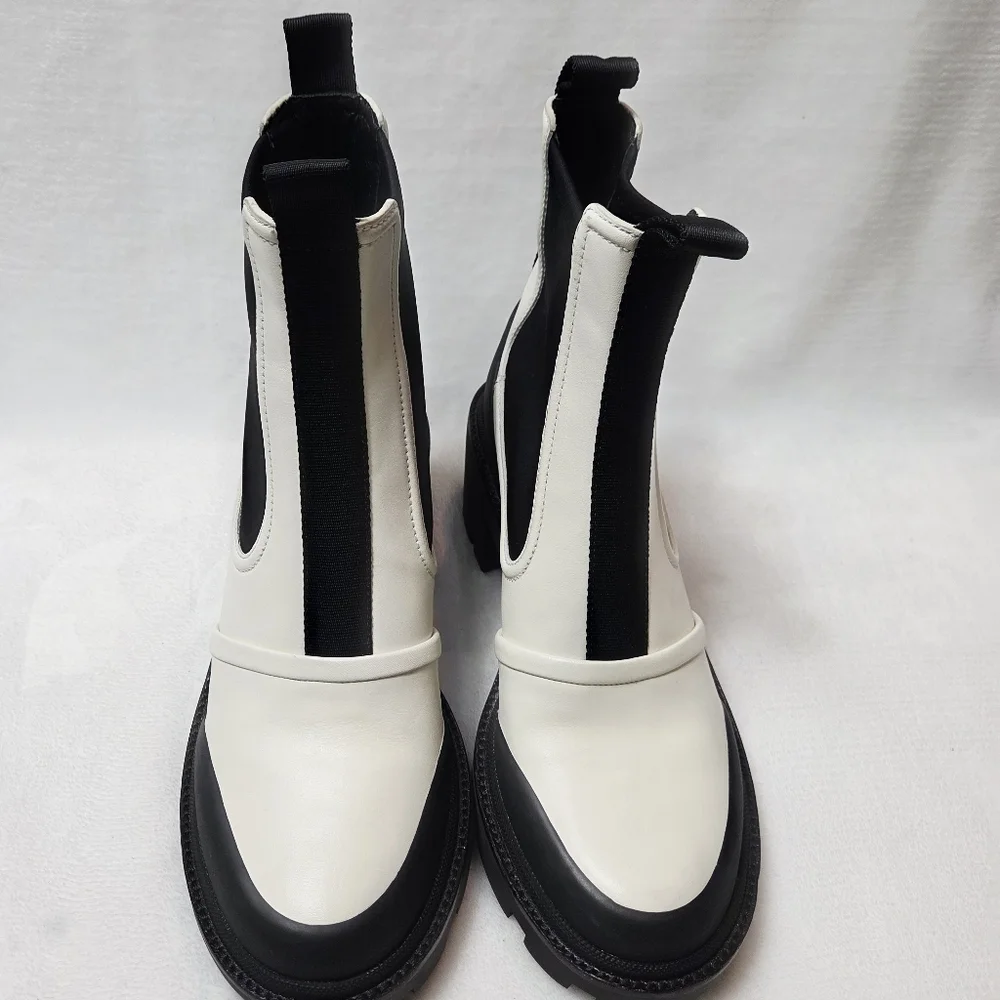 Tory Burch Chelsea Lug Sole Heeled Ankle Booties Ivory Black Leather